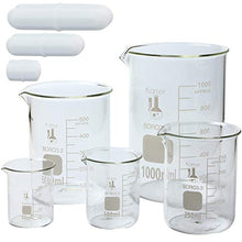 Load image into Gallery viewer, Glass Low Form Beaker Set with Magnetic Stir Bar Set, 5 Sizes - Borosilicate Glass