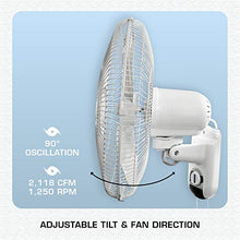 Load image into Gallery viewer, Hurricane Wall Mount Fan 16 Inch, Classic Series, 90 Degree Oscillation 3 Speed Settings, Adjustable Tilt-ETL Listed, 16-Inch, White