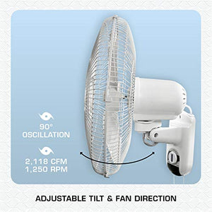 Hurricane Wall Mount Fan 16 Inch, Classic Series, 90 Degree Oscillation 3 Speed Settings, Adjustable Tilt-ETL Listed, 16-Inch, White